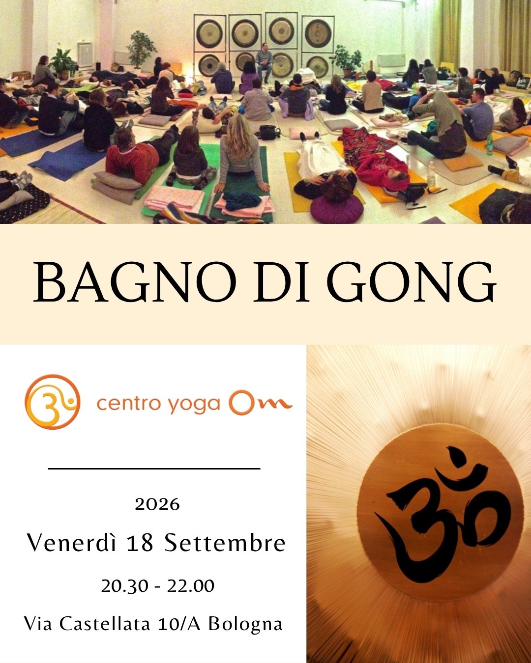 Sala del Centro Yoga Om di Bologna durante un bagno di gong, locandina della serata di venerdì 18 settembre 2026