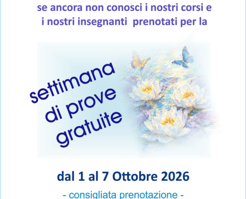 Locandina della promozione della settimana di prove gratuite di Yoga al Centro Yoga Om di Bologna, dal 1 al 7 Ottobre 2026, con fiori di loto e farfalle