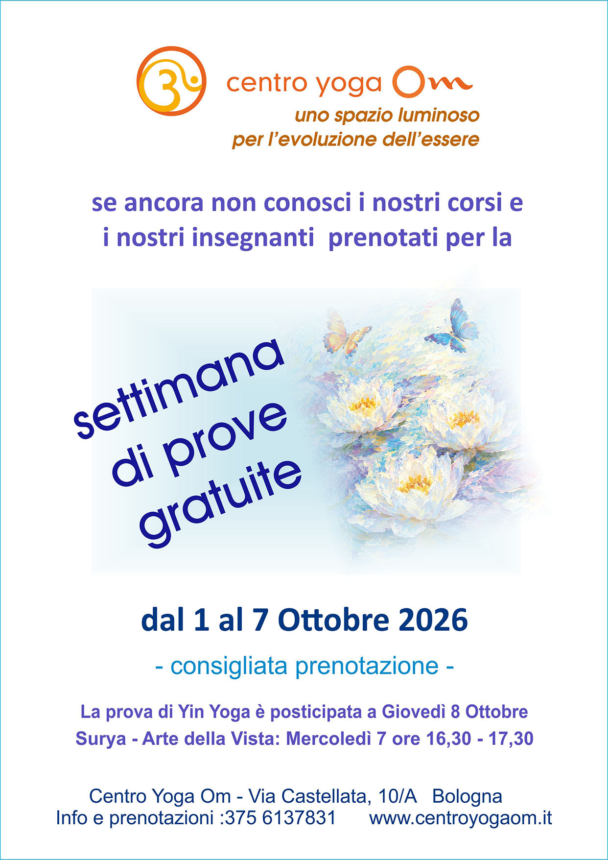 Locandina della promozione della settimana di prove gratuite di Yoga al Centro Yoga Om di Bologna, dal 1 al 7 Ottobre 2026, con fiori di loto e farfalle