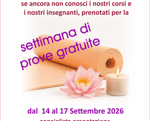 Tappetino da yoga, fiore di loto e candela accesa, locandina della promozione della settimana di prove gratuite 2026 al Centro Yoga Om di Bologna