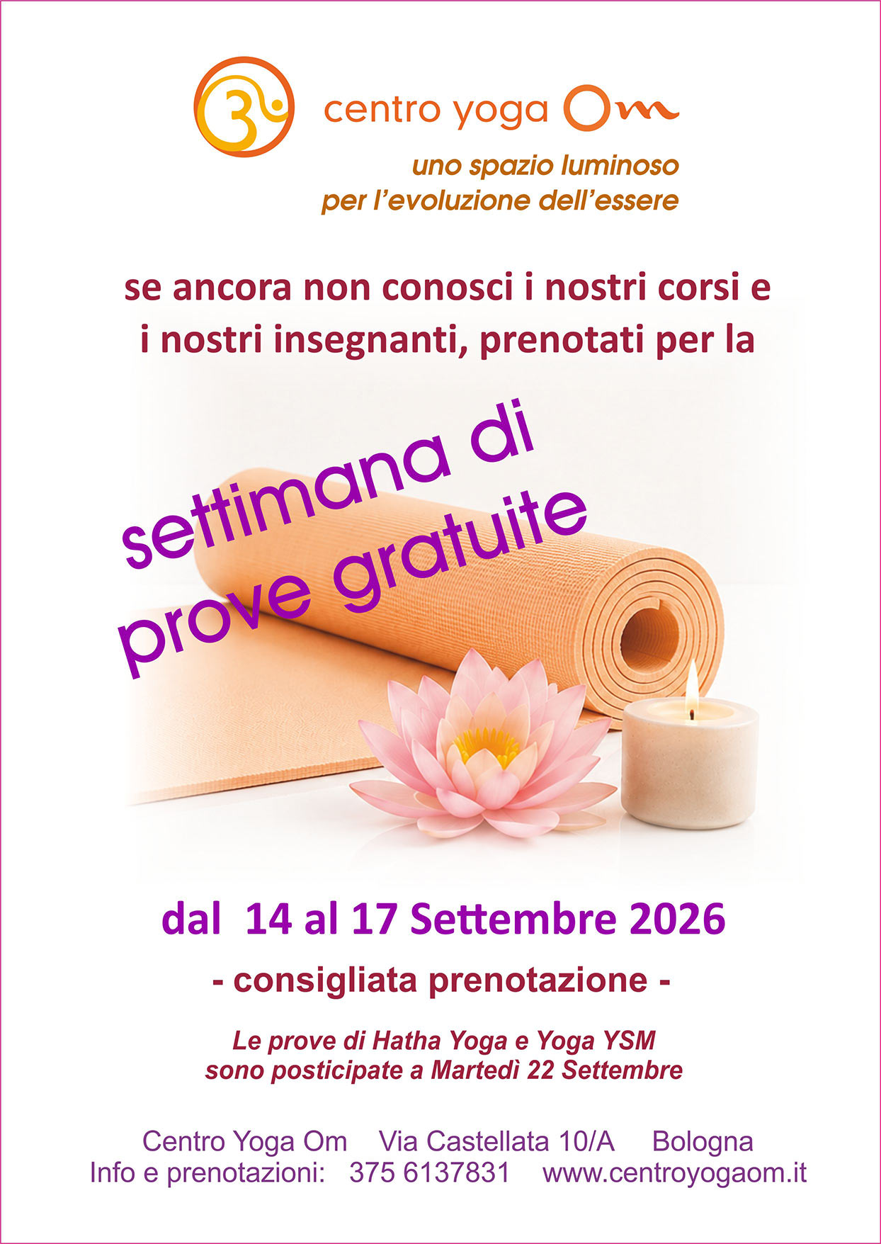 Tappetino da yoga, fiore di loto e candela accesa, locandina della promozione della settimana di prove gratuite 2026 al Centro Yoga Om di Bologna