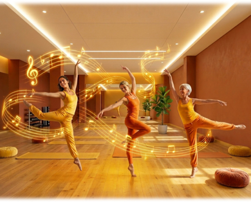 Tre donne di età diverse in movimento su base musicale, immagine rappresentativa del corso Barre au Sol al Centro Yoga Om di Bologna