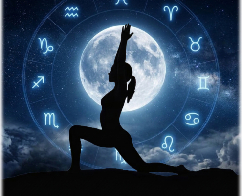 Donna in affondo davanti alla luna piena e ai segni zodiacali, corso di Yoga della Luna al Centro Yoga Om di Bologna