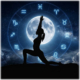 Donna in affondo davanti alla luna piena e ai segni zodiacali, corso di Yoga della Luna al Centro Yoga Om di Bologna