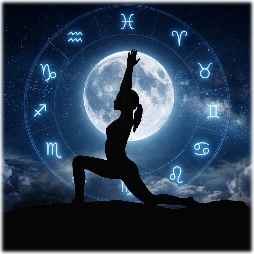 Corso Yoga della Luna Centro Yoga Om Bologna Donna in affondo davanti alla luna piena e ai segni zodiacali, corso di Yoga della Luna al Centro Yoga Om di Bologna