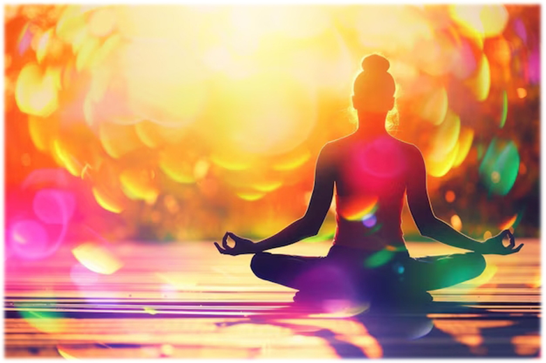 yantra-yoga-centro-yoga-om-bologna Donna seduta in meditazione tra luci colorate, immagine rappresentativa del corso di Yantra Yoga al Centro Yoga Om di Bologna