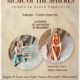 Marianne Gubri in abito arancione con l'arpa celtica e Diego Padovani con le campane tubolari, ritratti in due cerchi: locandina di Music of the Spheres al Centro Yoga Om di Bologna