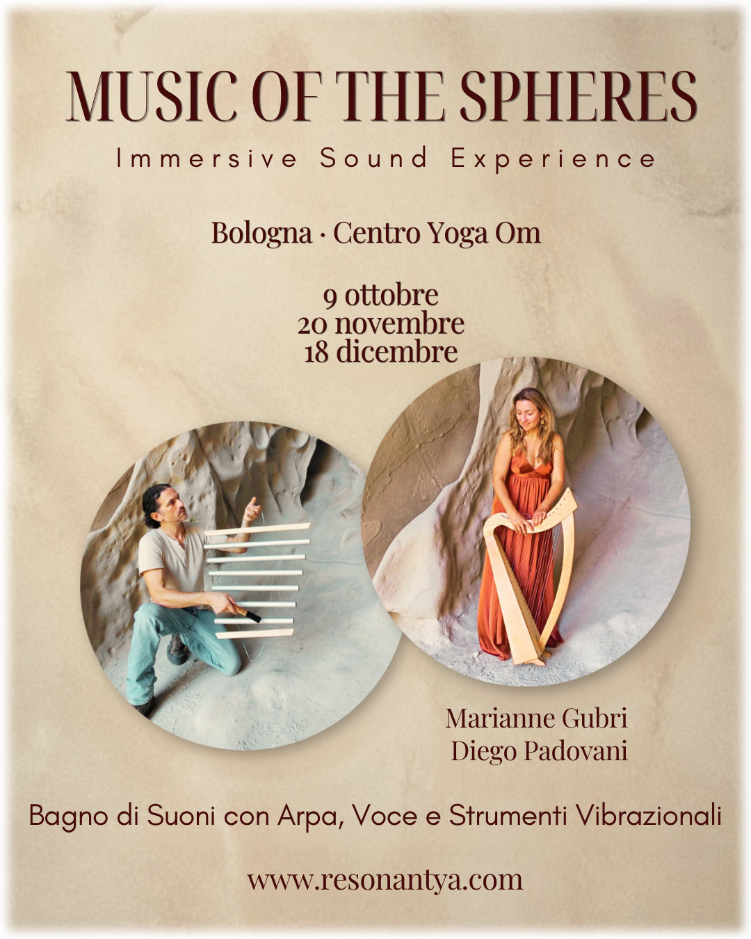 Marianne Gubri in abito arancione con l'arpa celtica e Diego Padovani con le campane tubolari, ritratti in due cerchi: locandina di Music of the Spheres al Centro Yoga Om di Bologna